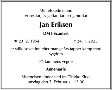 Dødsannoncen for Jan Eriksen - Vejby