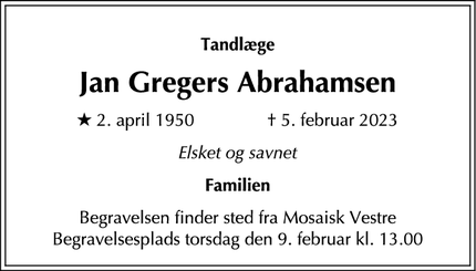 Dødsannoncen for Jan Gregers Abrahamsen - Hellerup