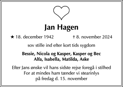 Dødsannoncen for Jan Hagen - Frederiksberg