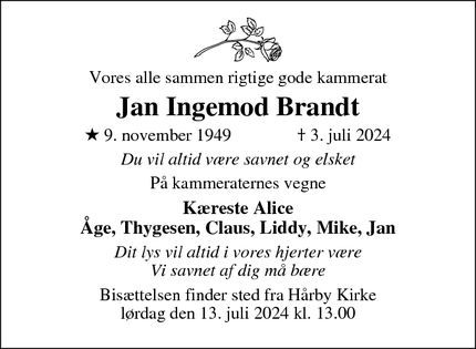 Dødsannoncen for Jan Ingemod Brandt - Haarby