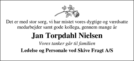 Dødsannoncen for Jan Torpdahl Nielsen - Skive