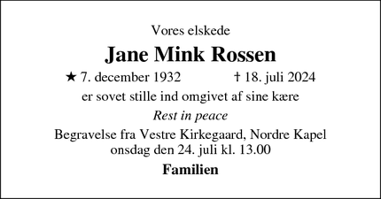 Dødsannoncen for Jane Mink Rossen - Gentofte