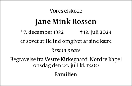 Dødsannoncen for Jane Mink Rossen - Gentofte