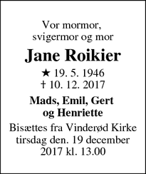 Dødsannoncen for Jane Roikier - Helsinge