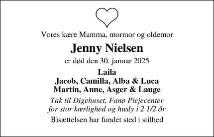 Dødsannoncen for Jenny Nielsen - Esbjerg