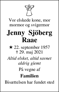 Dødsannoncen for Jenny  Sjöberg Raae - Søborg