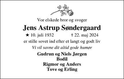 Dødsannoncen for Jens Astrup Søndergaard - Skjern