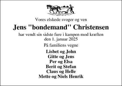 Dødsannoncen for Jens "bondemand" Christensen - Roslev