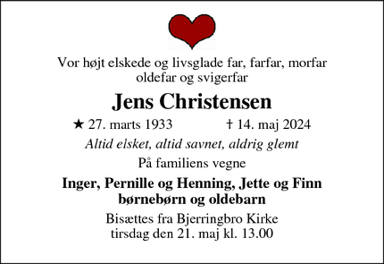 Dødsannoncen for Jens Christensen - Bjerringbro