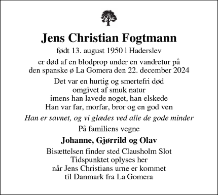 Dødsannoncen for Jens Christian Fogtmann - Haderslev