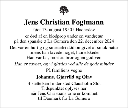 Dødsannoncen for Jens Christian Fogtmann - Haderslev