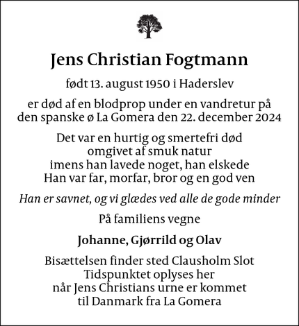 Dødsannoncen for Jens Christian Fogtmann - Haderslev