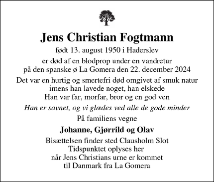 Dødsannoncen for Jens Christian Fogtmann - Haderslev