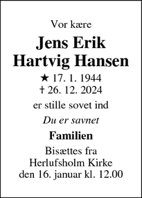 Dødsannoncen for Jens Erik
Hartvig Hansen - Næstved