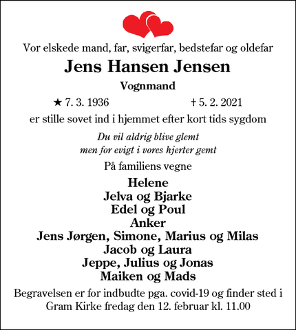 Dødsannoncen for Jens Hansen Jensen - Bov