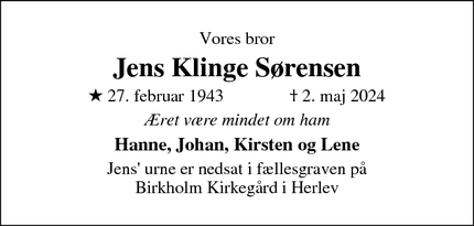 Dødsannoncen for Jens Klinge Sørensen - Herlev