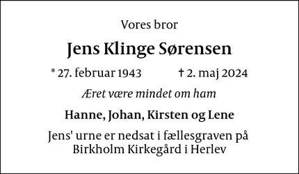 Dødsannoncen for Jens Klinge Sørensen - Herlev