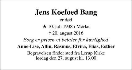 Dødsannoncen for Jens Koefoed Bang - Aarhus