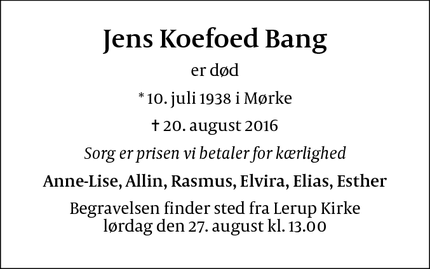 Dødsannoncen for Jens Koefoed Bang - Aarhus