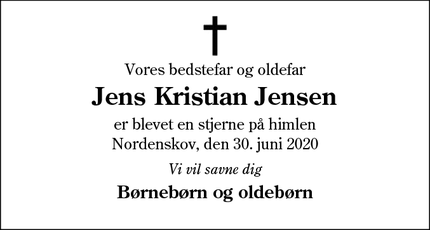 Dødsannoncen for Jens Kristian Jensen - Nordenskov (6800 Varde) 