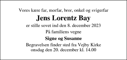 Dødsannoncen for Jens Lorentz Bay - Vejby