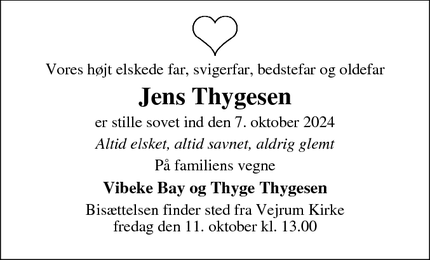 Dødsannoncen for Jens Thygesen - Vejrumbro 