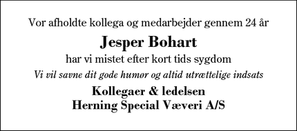 Dødsannoncen for Jesper Bohart - Herning