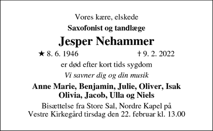 Dødsannoncen for Jesper Nehammer - Valby