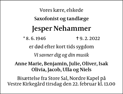 Dødsannoncen for Jesper Nehammer - Valby