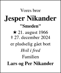 Dødsannoncen for Jesper Nikander - Nees