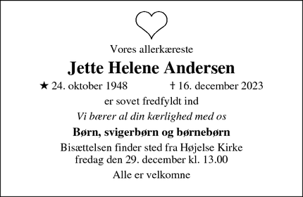 Dødsannoncen for Jette Helene Andersen - Køge/Lille Skensved