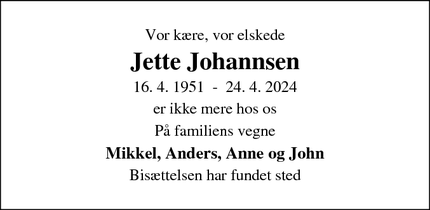 Dødsannoncen for Jette Johannsen - Fredericia