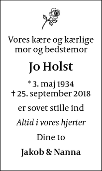 Dødsannoncen for Jo Holst - Frederiksberg