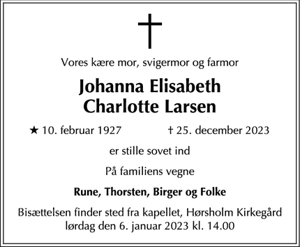 Dødsannoncen for Johanna Elisabeth
Charlotte Larsen - Hørsholm