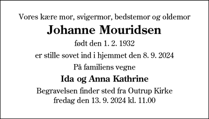 Dødsannoncen for Johanne Mouridsen - Brabrand