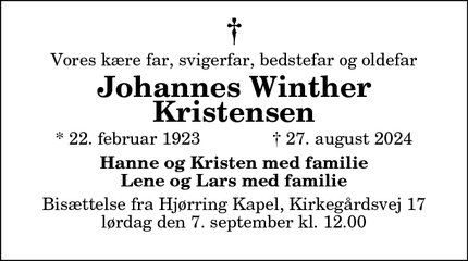 Dødsannoncen for Johannes Winther
Kristensen - Hjørring