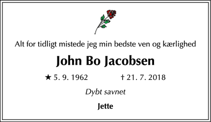 Dødsannoncen for John Bo Jacobsen - København