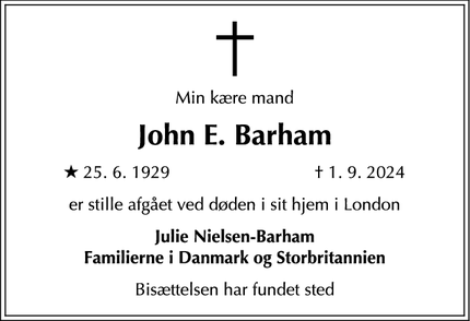 Dødsannoncen for John E. Barham - London, Storbritannien