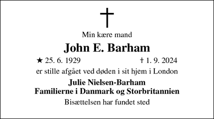 Dødsannoncen for John E. Barham - London, Storbritannien