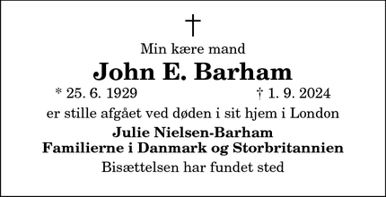 Dødsannoncen for John E. Barham - London, Storbritannien