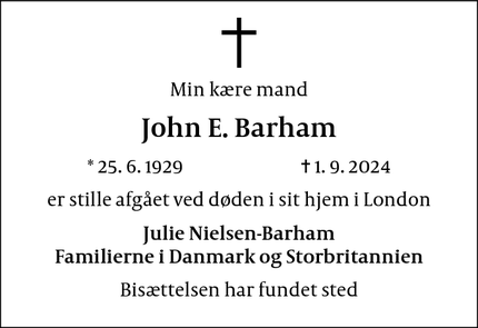 Dødsannoncen for John E. Barham - London, Storbritannien