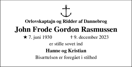 Dødsannoncen for John Frode Gordon Rasmussen - Næstved