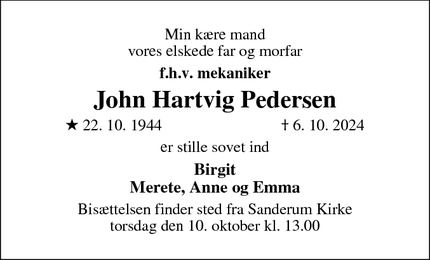 Dødsannoncen for John Hartvig Pedersen - Odense