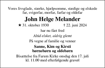 Dødsannoncen for John Helge Melander - Farum