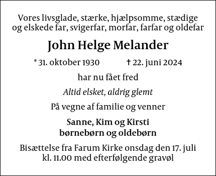 Dødsannoncen for John Helge Melander - Farum