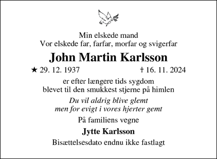 Dødsannoncen for John Martin Karlsson - Glostrup