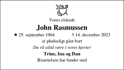 Dødsannoncen for John Rasmussen - Tårnby