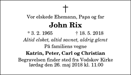 Dødsannoncen for John Rix - København