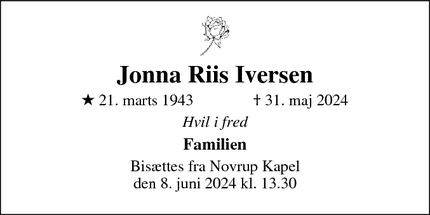 Dødsannoncen for Jonna Riis Iversen - esbjerg