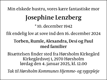 Dødsannoncen for Josephine Lenzberg - Hørsholm